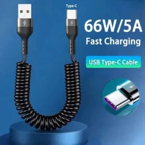Spiralinis USB-C įkrovimo laidas automobiliui (66W)
