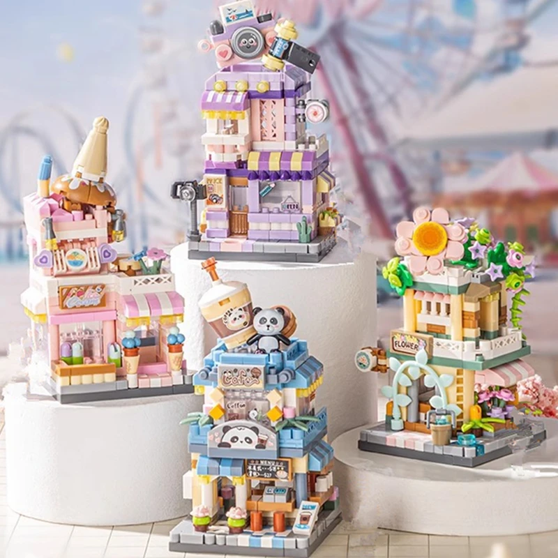 NEW Panda Pet Coffee Ice Cream Flower Shop Store Street View Food House Building Blocks Kit Girls Bricks Model Kids Toy