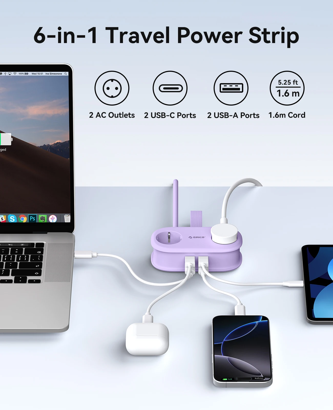 ORICO Cable-Wrap Portable Travel Power Strip 65W GaN Fast Charging Station with 2 AC Outlets 2 USB 2 Type-C EU Plug Adap - Image 2