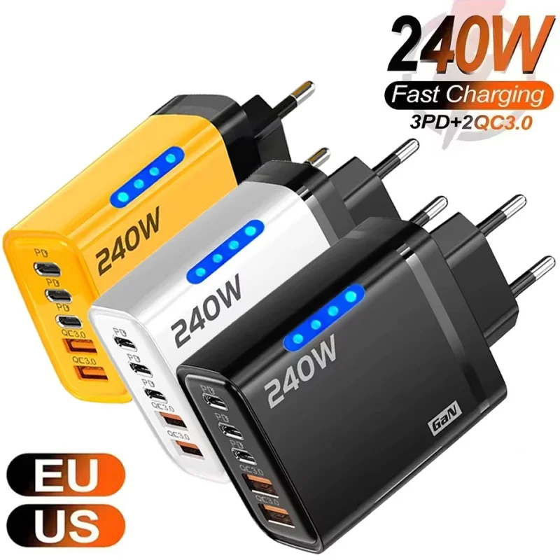 Galingas 240W GaN įkroviklis su 5 jungtimis