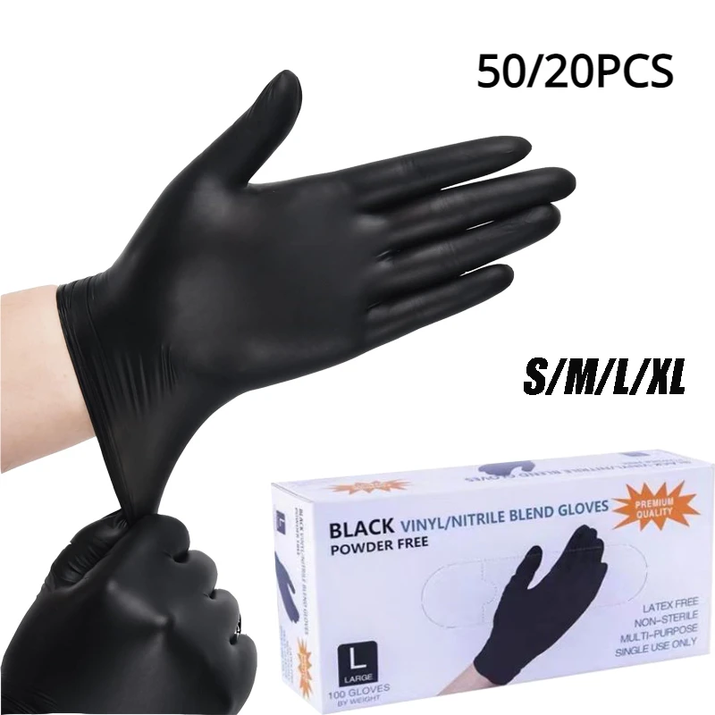 50/20PCS Disposable Black Nitrile Gloves Latex Free Waterproof Durable Suitable for Kitchen Food Processing Beauty Salon