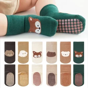 Homefish 6 Pairs Kids Non-Slip Socks Cute Cartoon Fox and Bear Pattern Childrens Boys Girls Floor Socks Comfortable for