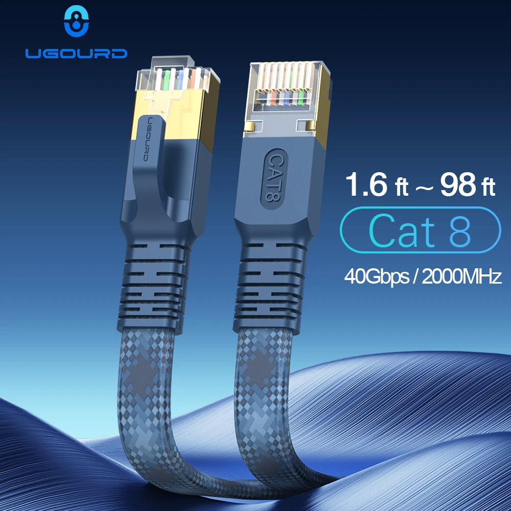 CAT 8 Flat Network Internet Cable 40Gbps 2000MHz Round RJ45 Nylon Braided LAN Cable Patch Cord for Modem Router PC PS4/5