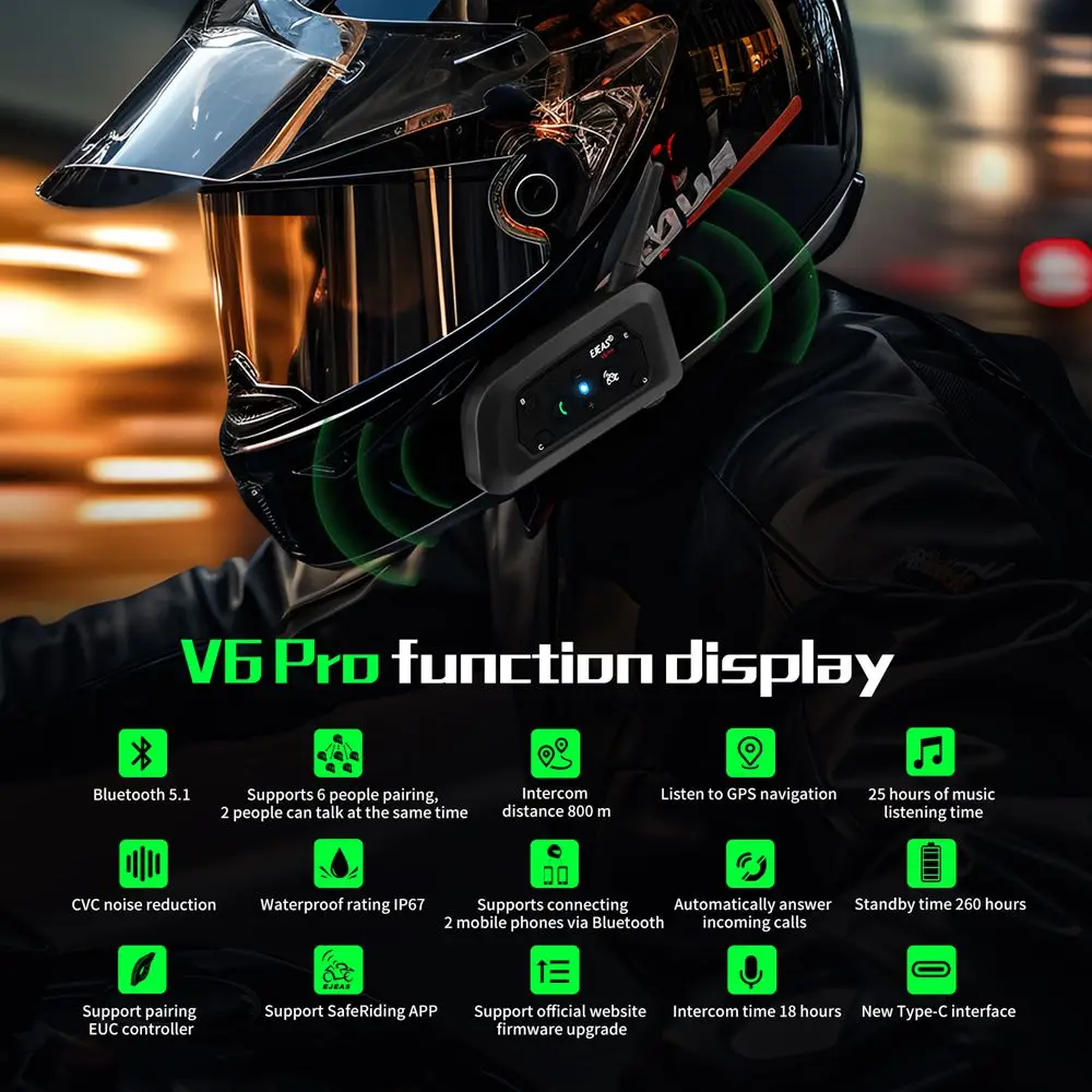 1/2Pcs EJEAS V6 Pro+ Motorcycle Bluetooth Helmet Headset Intercom Distance 800M Music Player Waterproof IP67 Support EUC - Image 2