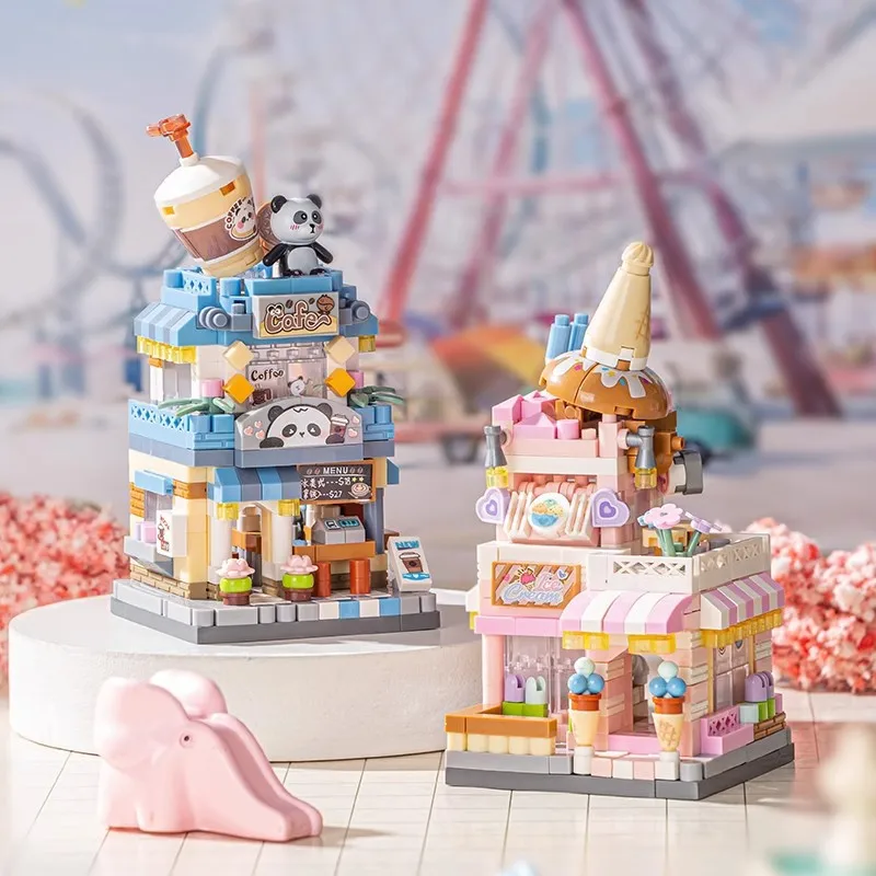 NEW Panda Pet Coffee Ice Cream Flower Shop Store Street View Food House Building Blocks Kit Girls Bricks Model Kids Toy - Image 2