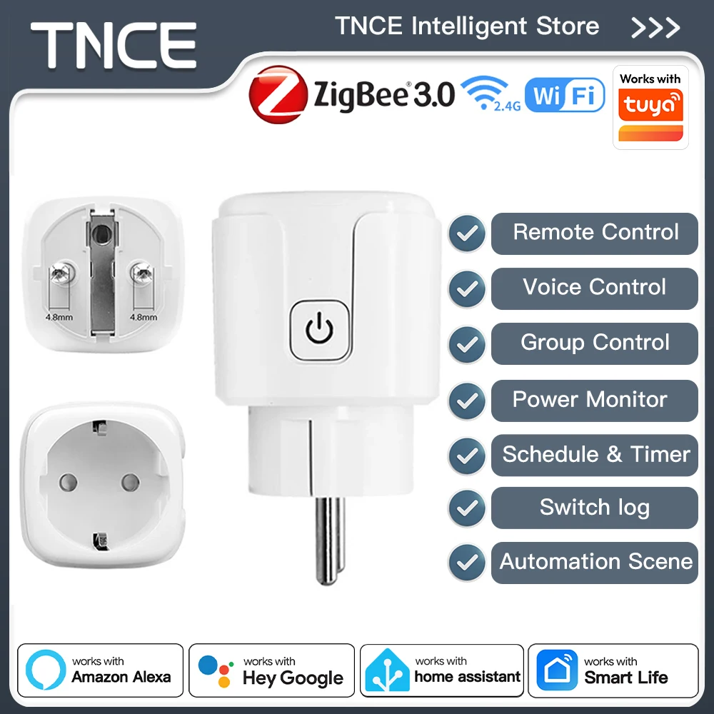 TNCE Tuya EU Plug WiFi or Zigbee3.0 Smart Socket 16/20A, Power Monitor Timer Function Voice Control With Alexa Google Ho