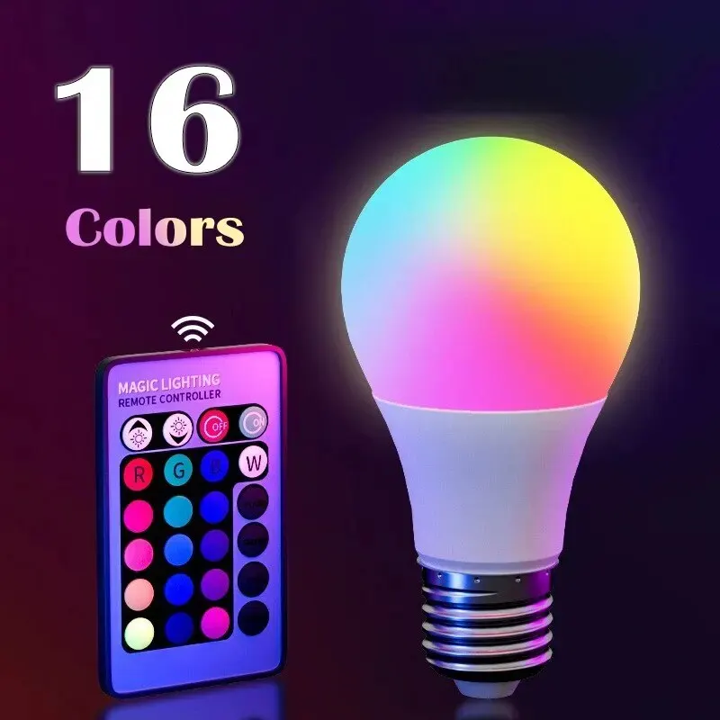 16 Colors RGB Bulb LED Multicolor Bulb E27 220V Household Lighting Dimmable 24 Key Remote Control Smart Lamp Atmosphere