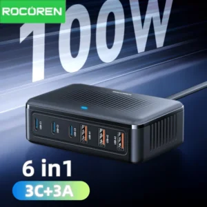 Rocoren USB Charger 100W GaN Charging Station 6-ports Desktop Fast Charging Type C Portable Power Station For iPhone 17